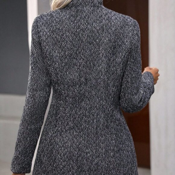 Womens Black Plaid Pattern Flap Pocket Drop Shoulder Belted Tweed Overcoat - Picture 3 of 5